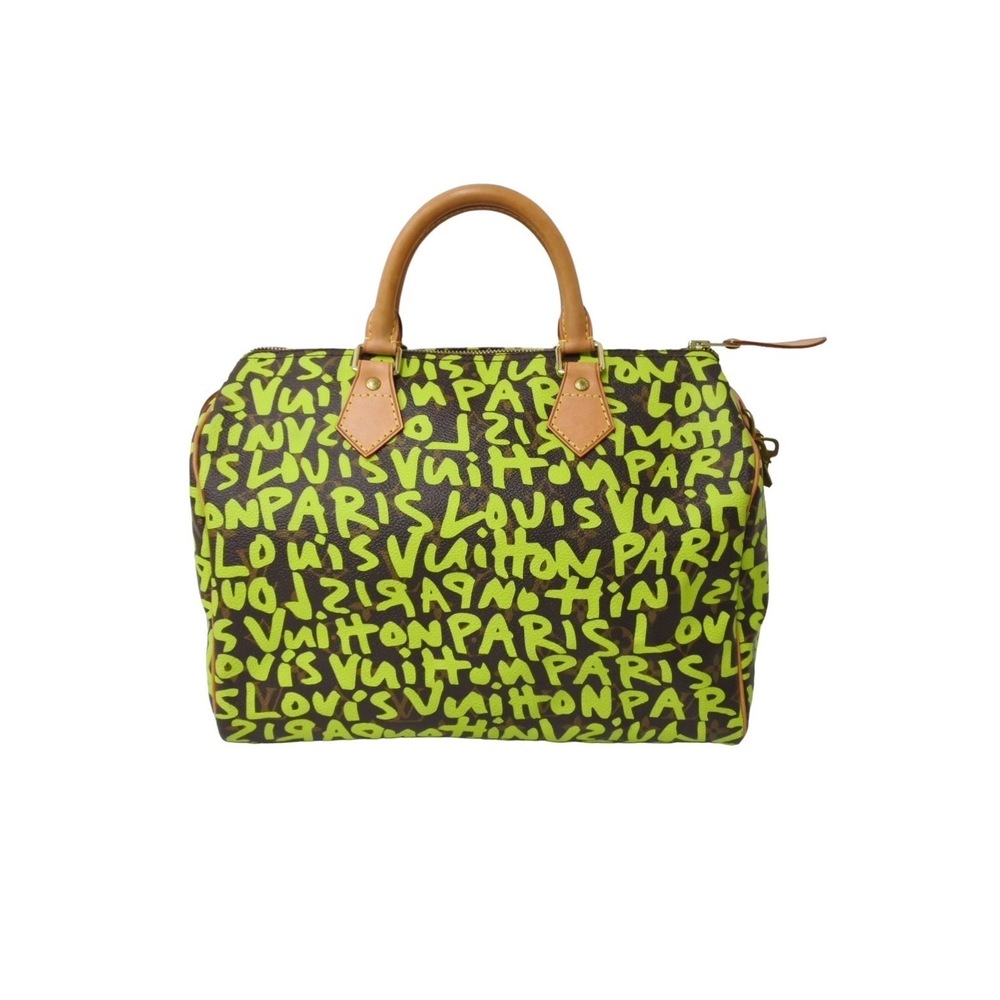LOUIS VUITTON Speedy Handbag Monogram Graffiti Green Natural Leather